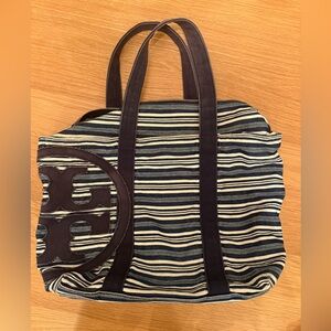 Tory Burch Canvas Striped Tote Bag Blue White Beach Duffle Vacation Cruise